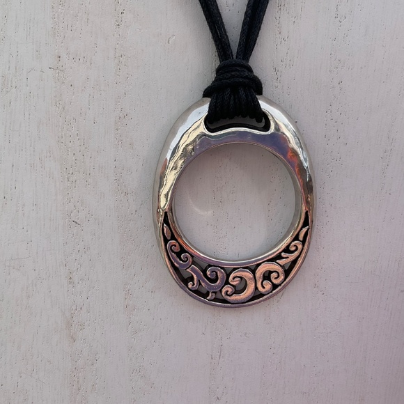 Brighton Eclipse Necklace Black Cord Silvertone Oval Filigree Pendant 15” - Picture 3 of 8
